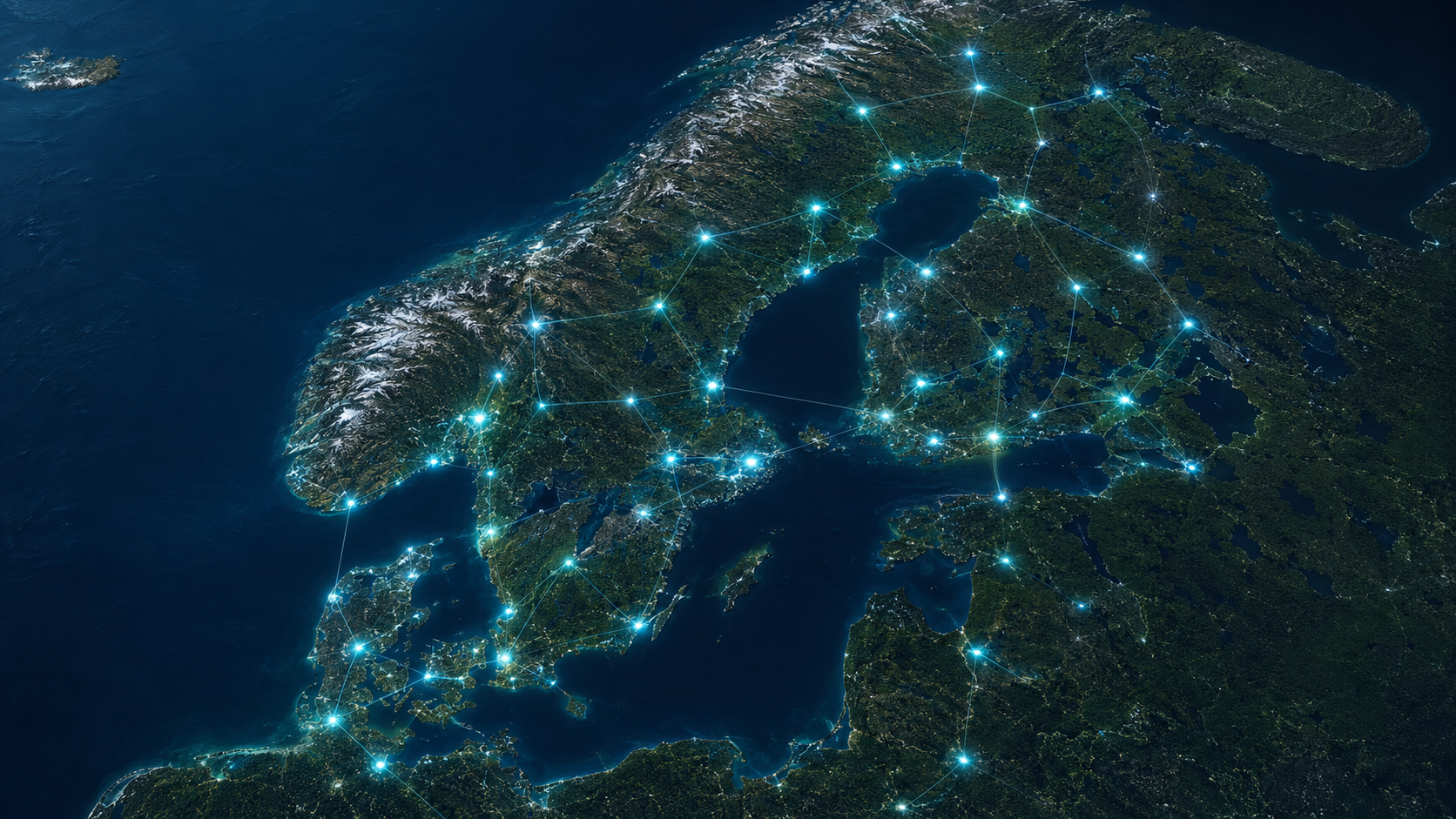 Nordic energy network connections illuminated across Scandinavia from above